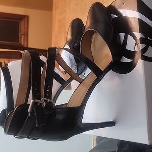 Nine West Size 11, brand new women's high heel, black leather ankle strap shoe